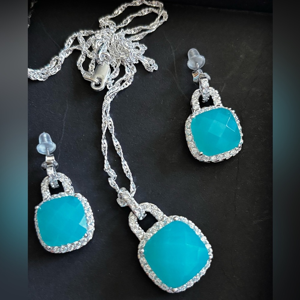 Turquoise Cubic Zirconia Halo Pendant Necklace & Earrings Set sterling silver